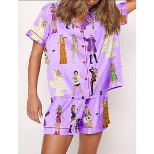 Sheshow Pajama Set Womens Large Purple Satin Short Sleeve Shorts Swiftie